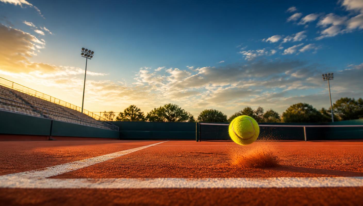 Pallina da tennis in rimbalzo su un campo in terra rossa al tramonto